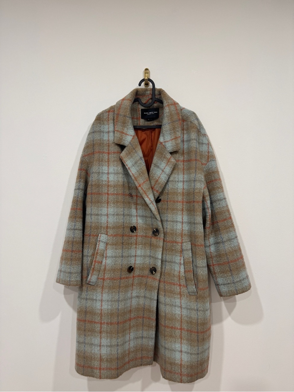 Andrew Marc Plaid Wool-Blend Double-Breasted Pea Coat in Taupe & Light Blue